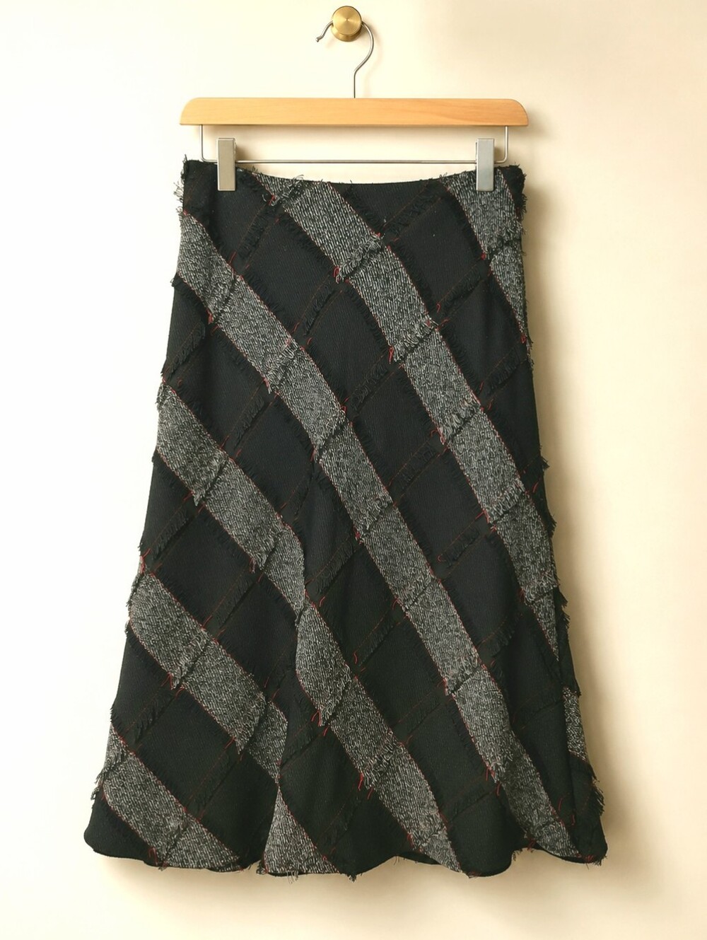 Vintage Style Black & Gray Diagonal Patchwork Fringe Goth Dark Academia Skirt
